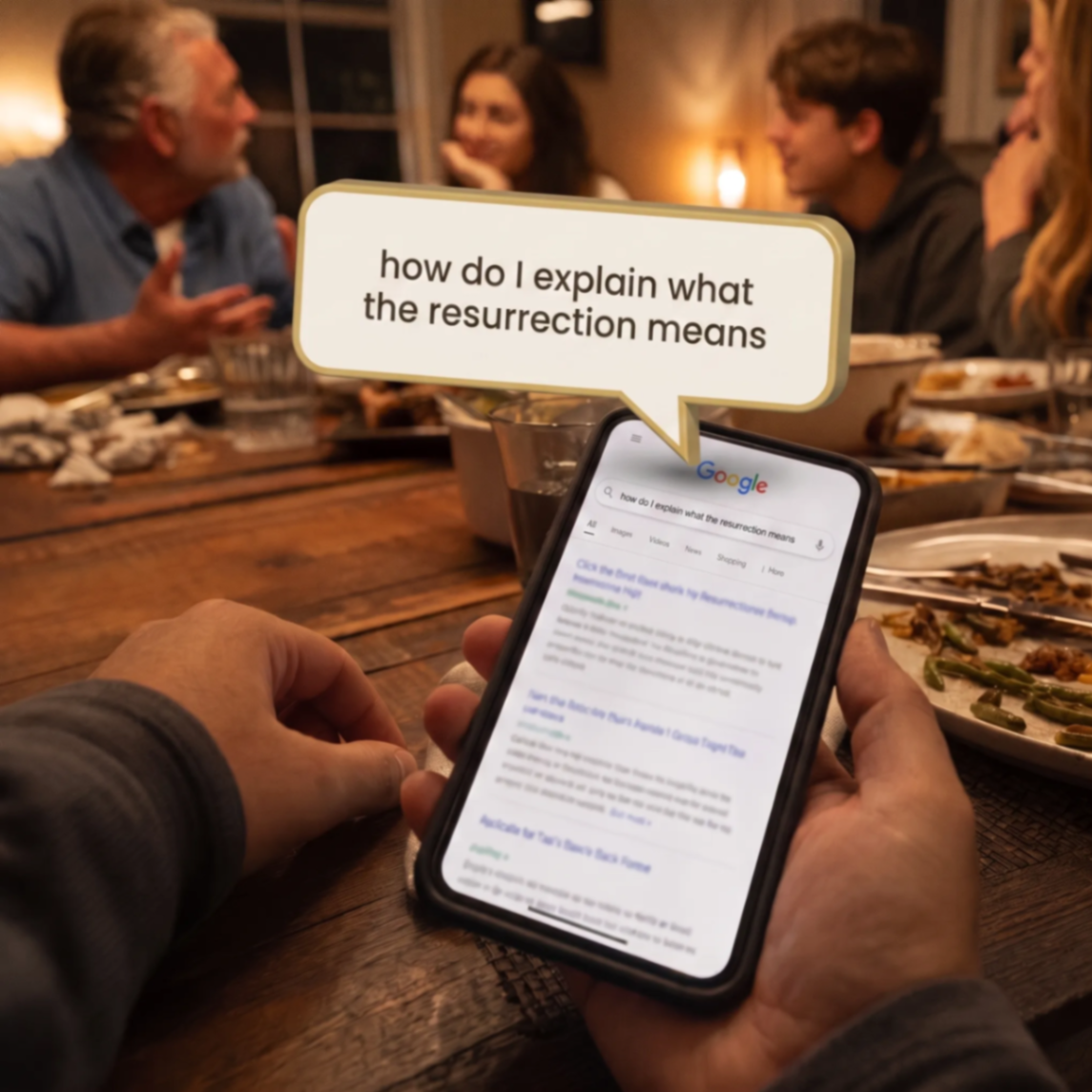 A family dinner where a difficult question about faith comes up